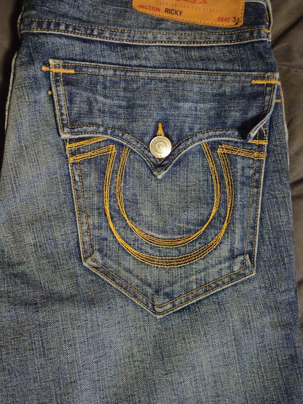 True Religion Mens Straight Leg Jeans in Blue with Yellow Stitching
